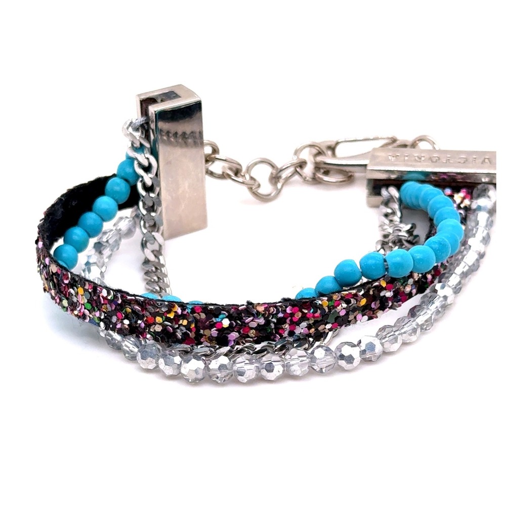 Victoria Emerson Multi-Strand Bracelet Turquoise Glitter Silver Tone 7.5-8.5"